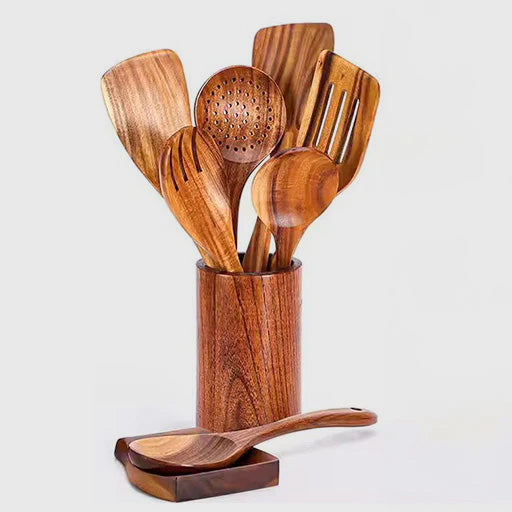 Wooden spoon for cooking-8 piece rustic acacia wooden utensils set, sturdy non-scratch easy to clean, kitchen accessories including spatula, turner, ladle, skimmer, holder, spoon rest, naturalspoon