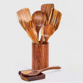 Wooden spoon for cooking-8 piece rustic acacia wooden utensils set, sturdy non-scratch easy to clean, kitchen accessories including spatula, turner, ladle, skimmer, holder, spoon rest, naturalspoon