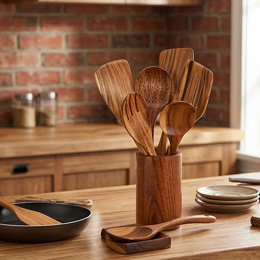 Wooden spoon for cooking-8 piece rustic acacia wooden utensils set, sturdy non-scratch easy to clean, kitchen accessories including spatula, turner, ladle, skimmer, holder, spoon rest, naturalspoon