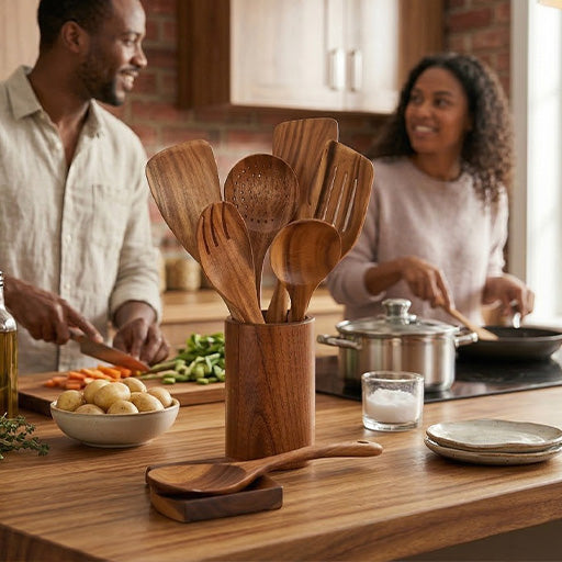 Wooden spoon for cooking-8 piece rustic acacia wooden utensils set, sturdy non-scratch easy to clean, kitchen accessories including spatula, turner, ladle, skimmer, holder, spoon rest, naturalspoon