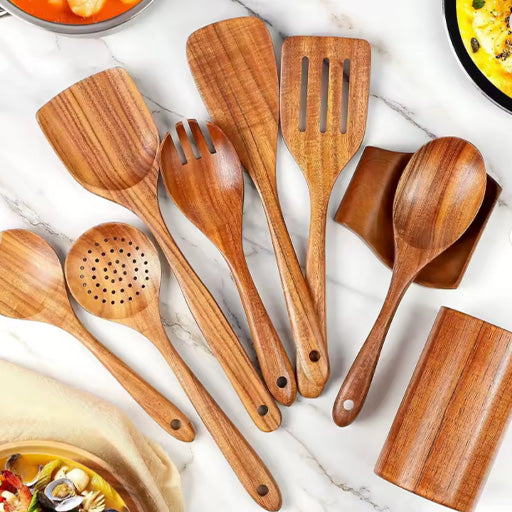 Wooden spoon for cooking-8 piece rustic acacia wooden utensils set, sturdy non-scratch easy to clean, kitchen accessories including spatula, turner, ladle, skimmer, holder, spoon rest, naturalspoon